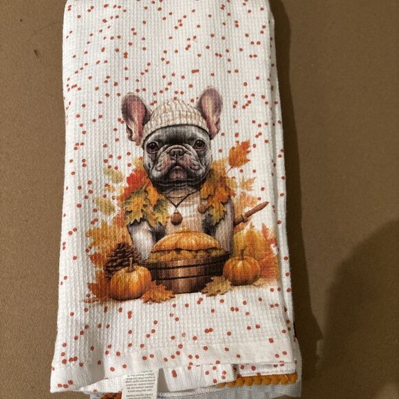 Casaba French Bulldog Fall Kitchen Towels Pumpkins & Leaves Thanksgiving NWOT - Picture 4 of 7